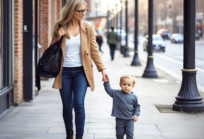 Une maman tenant son enfant par la main marche dans la ville. | Emmanuel-SOS-Adoption